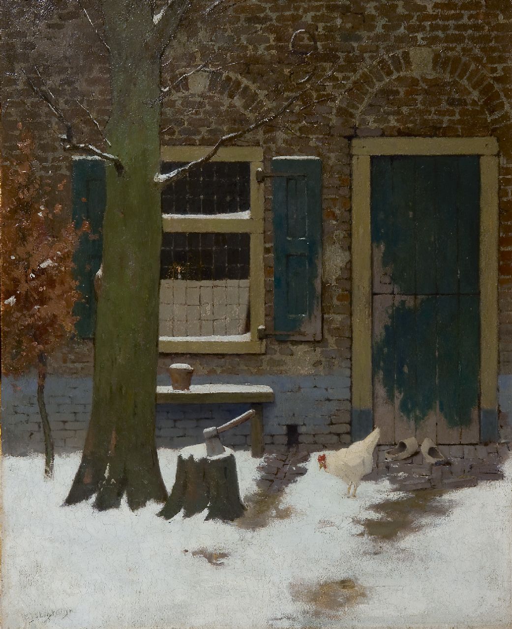 Ligtelijn E.J.  | Evert Jan Ligtelijn, A snowy farmyard with a chicken, oil on board 50.0 x 40.0 cm, signed l.l.