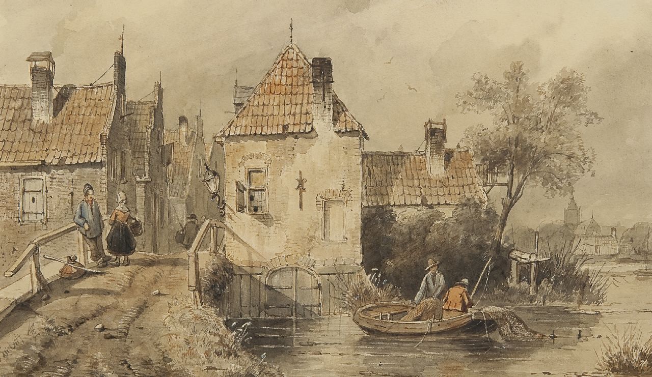 Leickert C.H.J.  | 'Charles' Henri Joseph Leickert, A Dutch town view with figures and fishermen, pen and ink and watercolour on paper 18.4 x 30.6 cm, signed l.l.