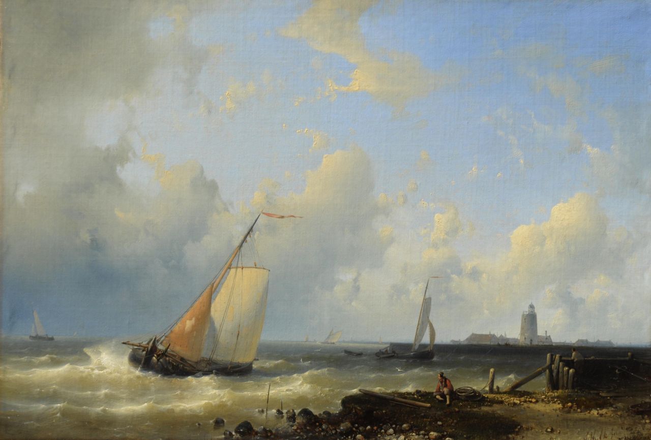 Hulk A.  | Abraham Hulk, Sailing ships in front of a harbour, oil on canvas 37.5 x 54.4 cm, signed l.r.