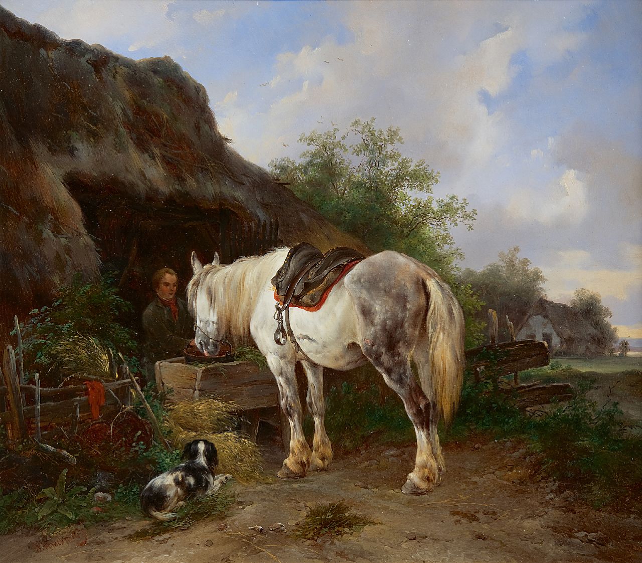 Verschuur W.  | Wouterus Verschuur, A farmer feeding his grey, oil on panel 37.1 x 42.7 cm, signed l.l.