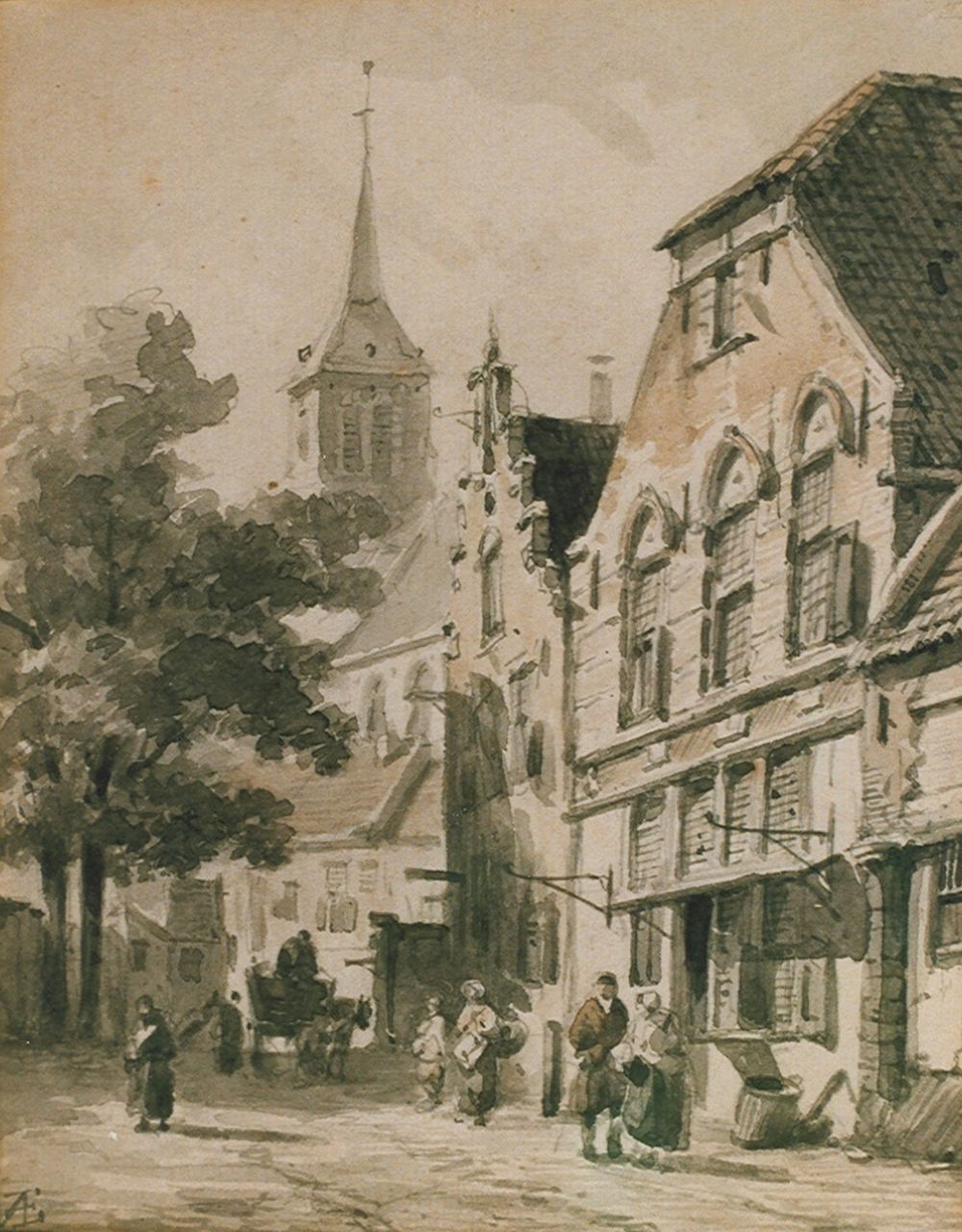 Eversen A.  | Adrianus Eversen, Street with pedestrians and a horse-drawn cart, sepia on paper 18.5 x 14.5 cm, signed l.l. with monogram