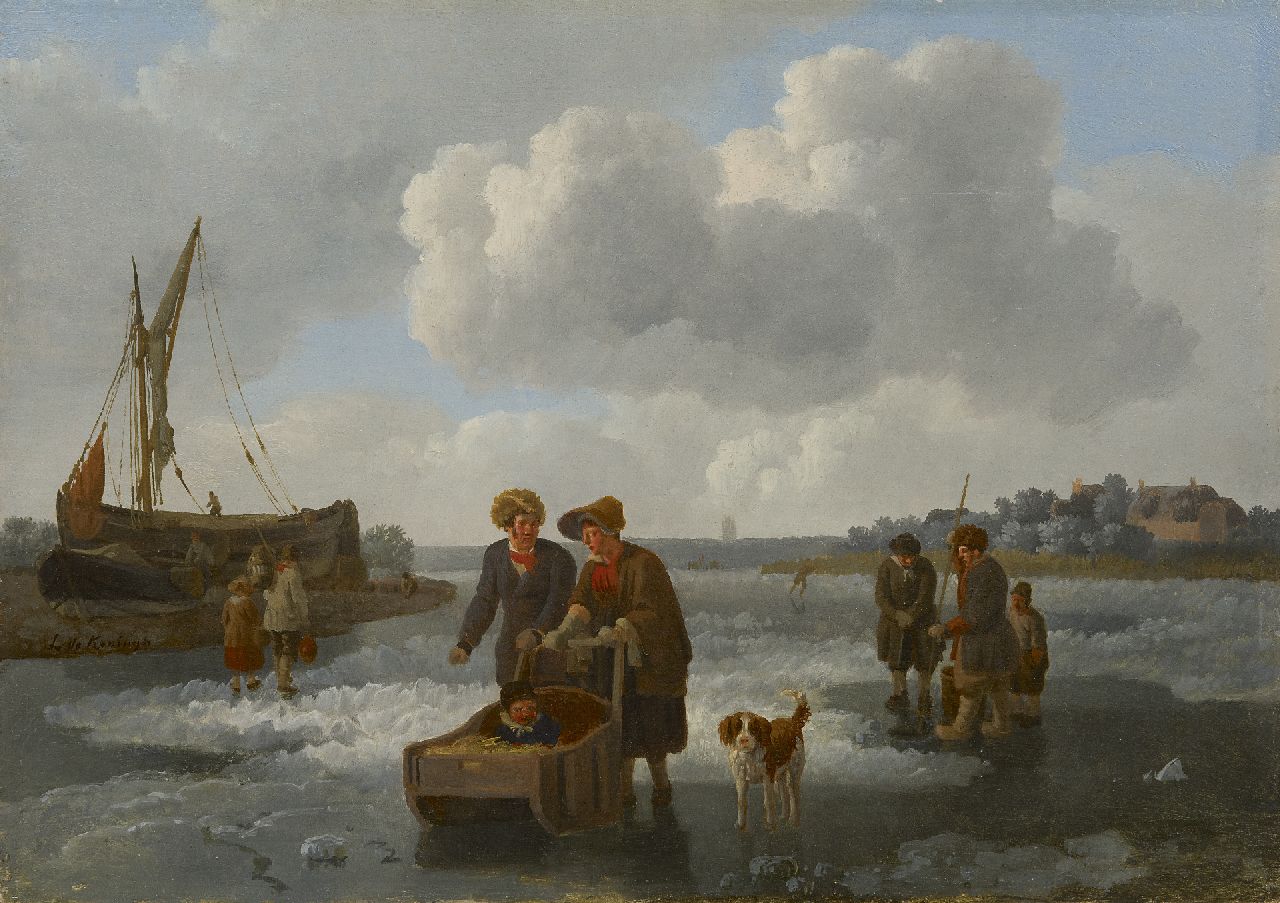 Leendert de Koningh | Fishermen and a sleigh on a frozen river, oil on panel, 30.1 x 42.0 cm, signed l.c.