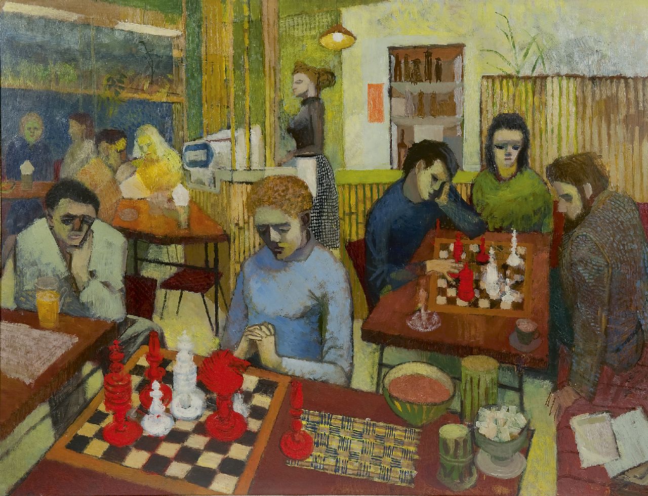 Europese School, 20e eeuw   | Europese School, 20e eeuw | Paintings offered for sale | Chess at the café, oil on painter's board 68.4 x 91.6 cm, signed l.r. with initials 'R.S.' and dated 1956, without frame