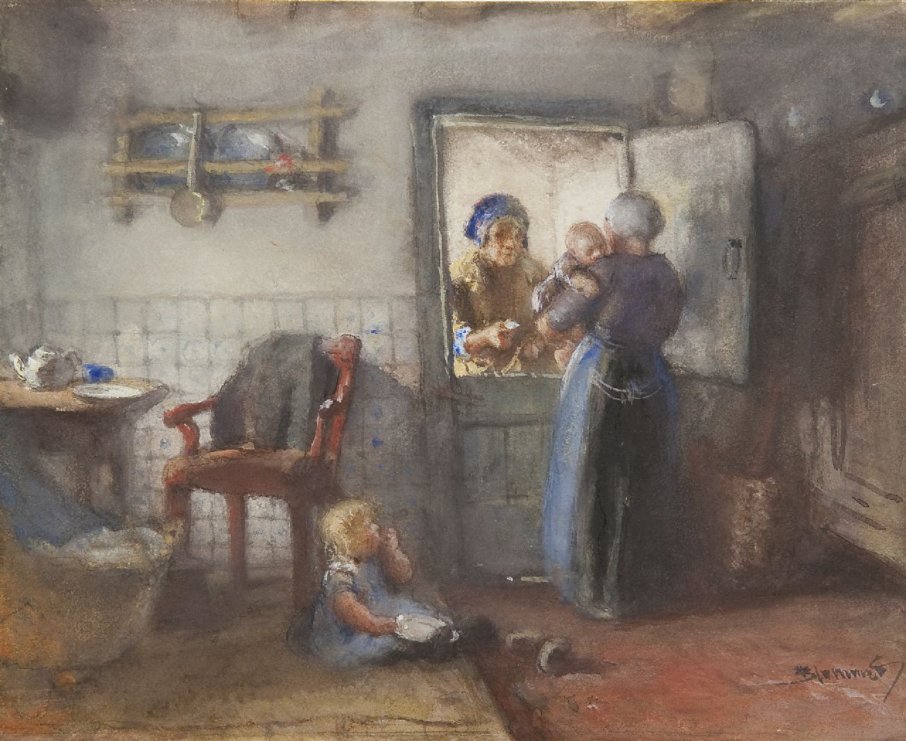 Blommers B.J.  | Bernardus Johannes 'Bernard' Blommers, Chatting at the kitchen door, watercolour on paper 20.0 x 24.2 cm, signed l.r.
