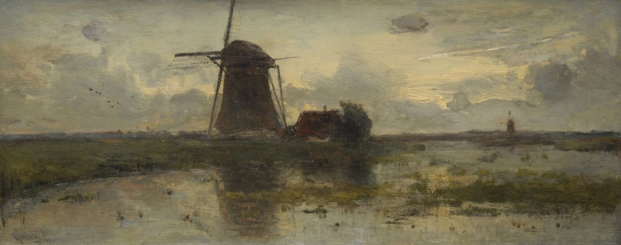 Gabriel P.J.C.  | Paul Joseph Constantin 'Constan(t)' Gabriel, Windmill in Dutch landscape at sunset, oil on canvas 25.3 x 60.5 cm, signed l.l.