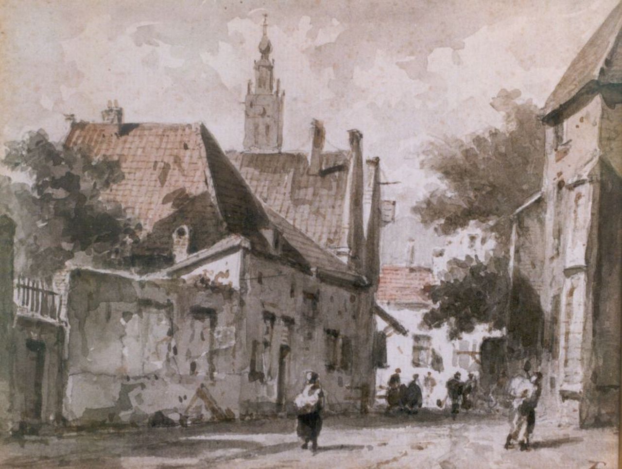 Eversen A.  | Adrianus Eversen, Townsfolk in a street, Haarlem, sepia on paper 15.0 x 18.5 cm, signed l.r. with monogram
