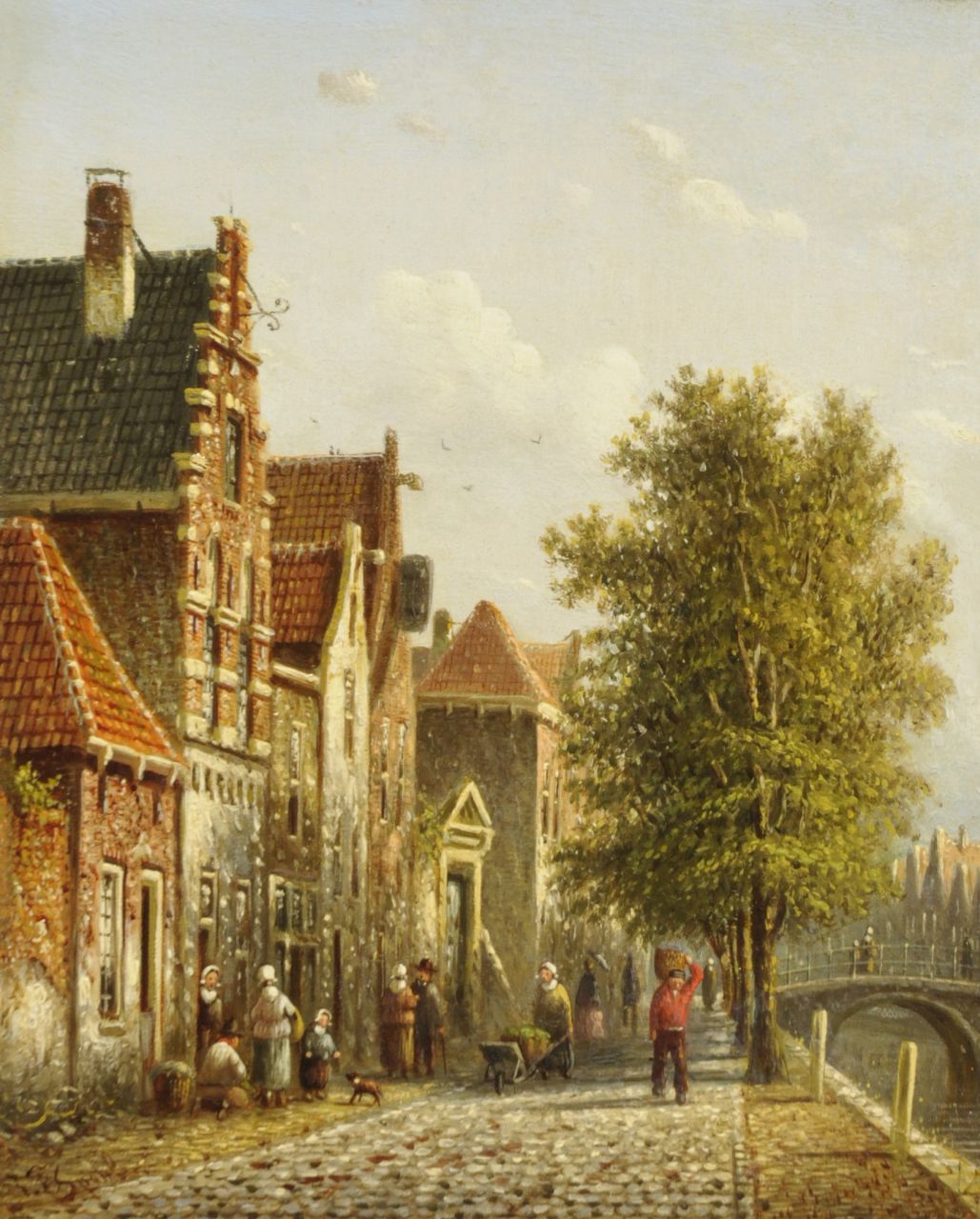 Spohler J.F.  | Johannes Franciscus Spohler, A sunny canal in a Dutch town, oil on panel 19.4 x 15.8 cm, signed l.l.