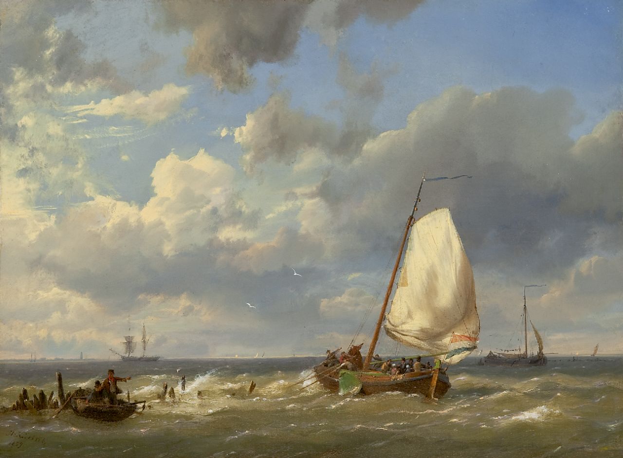 Koekkoek H.  | Hermanus Koekkoek, Fishing boats off the coast, oil on canvas 31.9 x 43.5 cm, signed l.l. and dated 1859