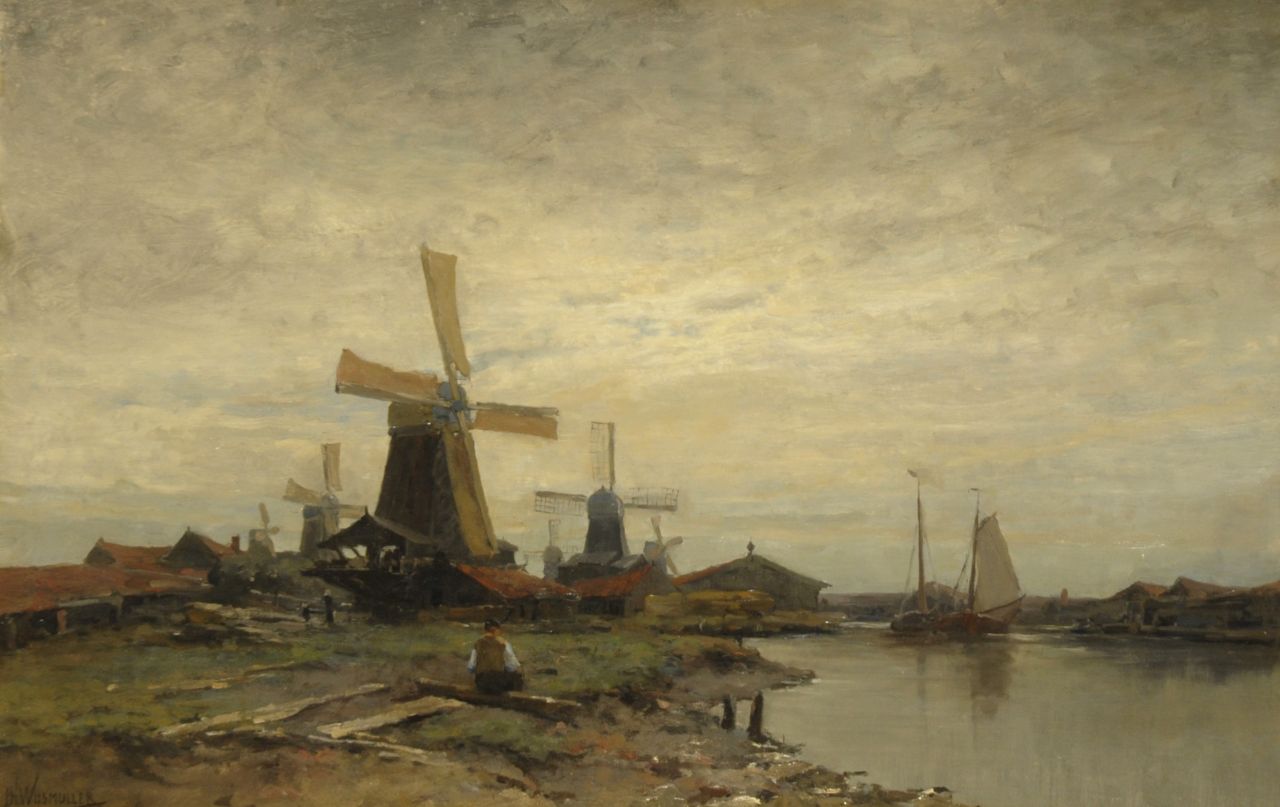 Wijsmuller J.H.  | Jan Hillebrand Wijsmuller, Mills near the waterfront, oil on canvas 60.5 x 92.5 cm, signed l.l.