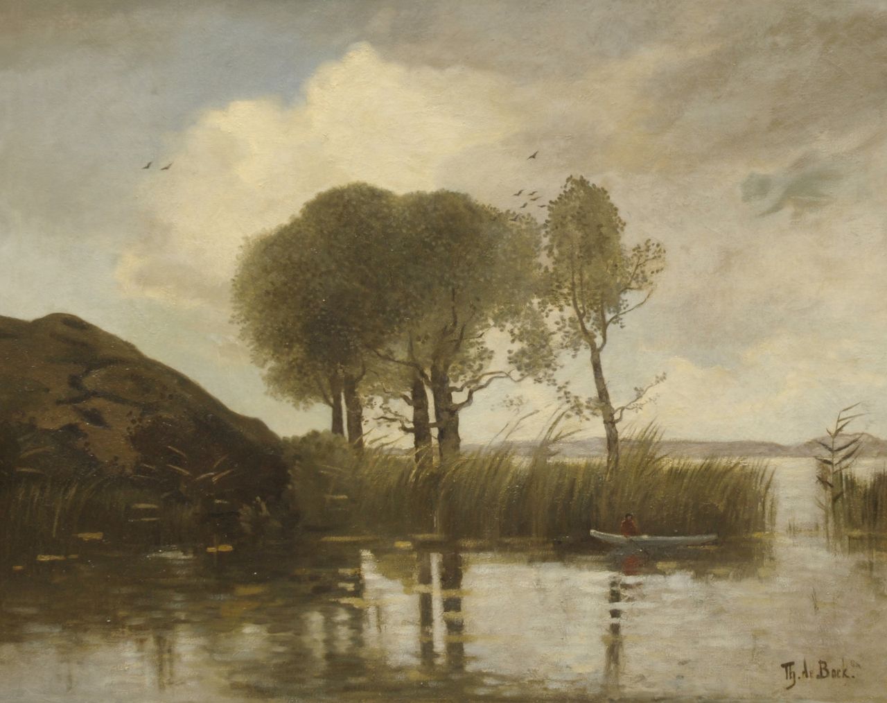 Bock T.E.A. de | Théophile Emile Achille de Bock, Trees near the waterfront with small fishingboat, oil on canvas 99.5 x 121.5 cm, signed l.r.