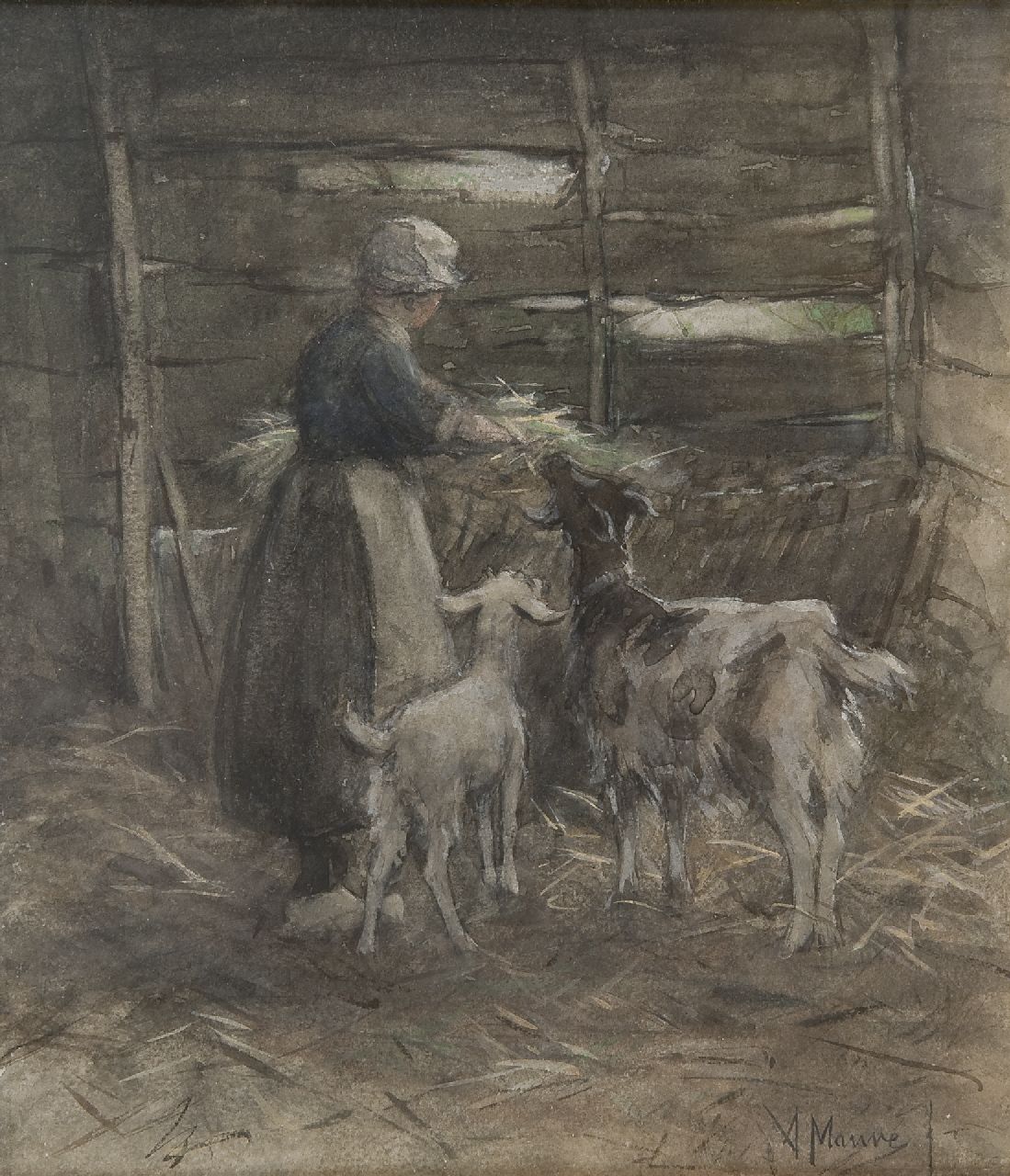 Mauve A.  | Anthonij 'Anton' Mauve, Feeding the goats, watercolour on paper 25.6 x 22.2 cm, signed l.r.