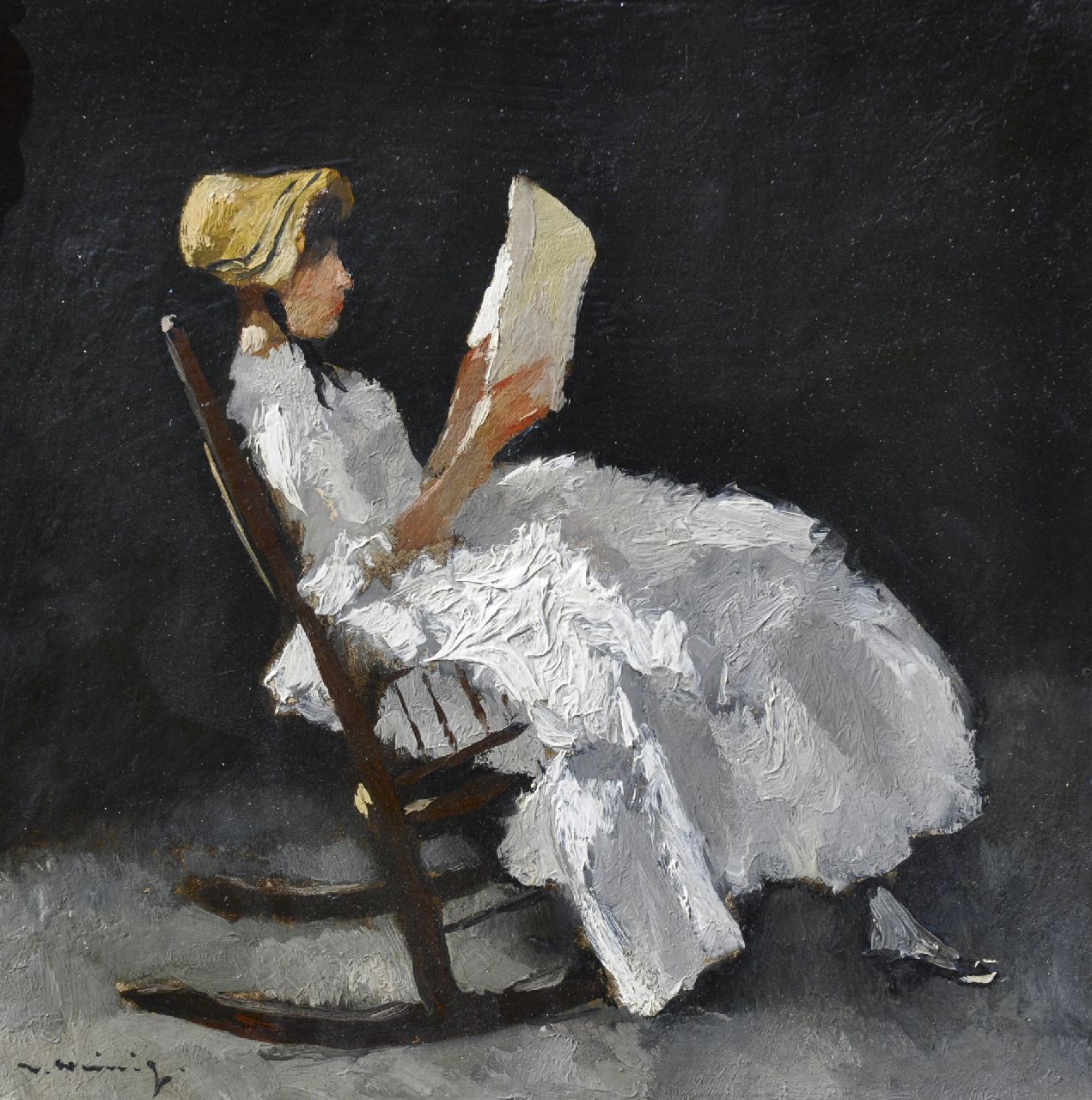 Heimig W.  | Walter Heimig, A young woman, reading in a rocking chair, oil on panel 31.1 x 31.0 cm, signed l.l.