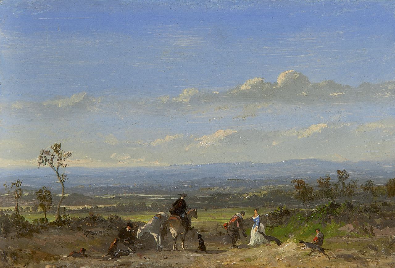Tavenraat J.  | Johannes Tavenraat, Hunting party in a landscape, oil on panel 10.3 x 15.0 cm, signed l.l. (vague)