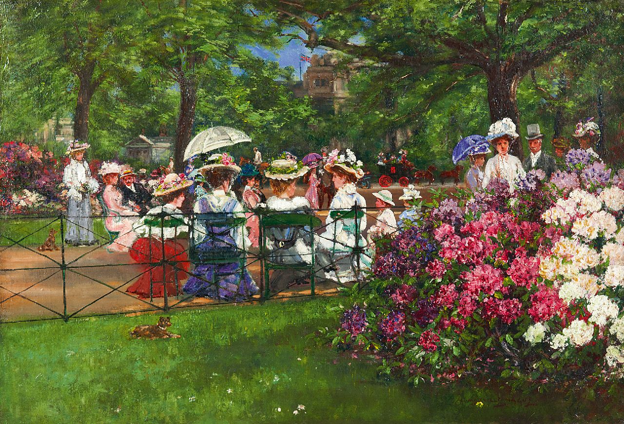 Hague J.E.H.  | Joseph Edward Homerville Hague, Elegant party in Hyde Park, London, oil on canvas 43.5 x 64.2 cm, signed l.r.