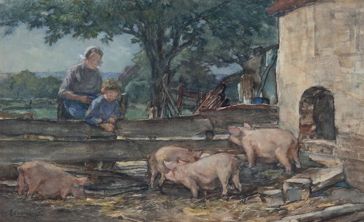 Akkeringa J.E.H.  | 'Johannes Evert' Hendrik Akkeringa | Watercolours and drawings offered for sale | Dries watching the pigs, watercolour on paper 27.7 x 45.0 cm, signed l.l.