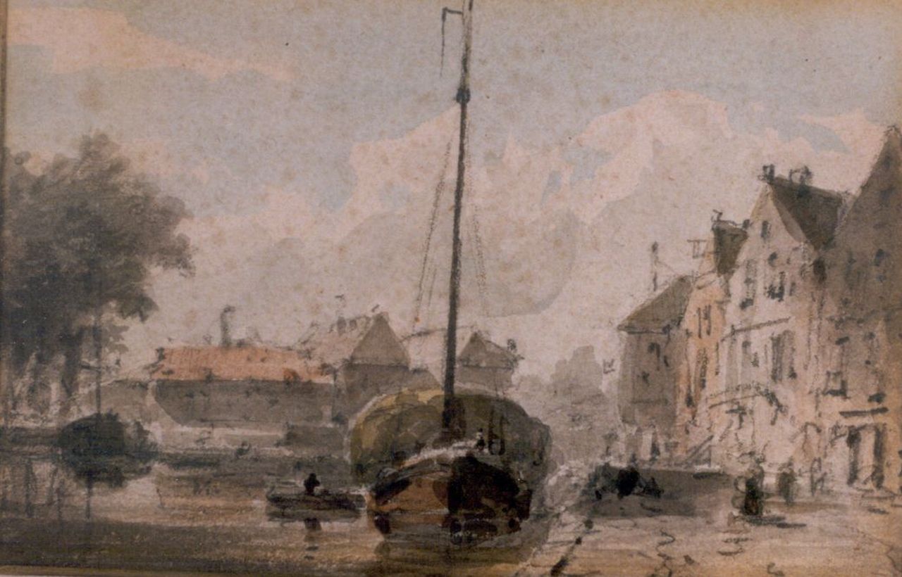 Eversen A.  | Adrianus Eversen, Moored haybarge, watercolour on paper 9.0 x 13.8 cm