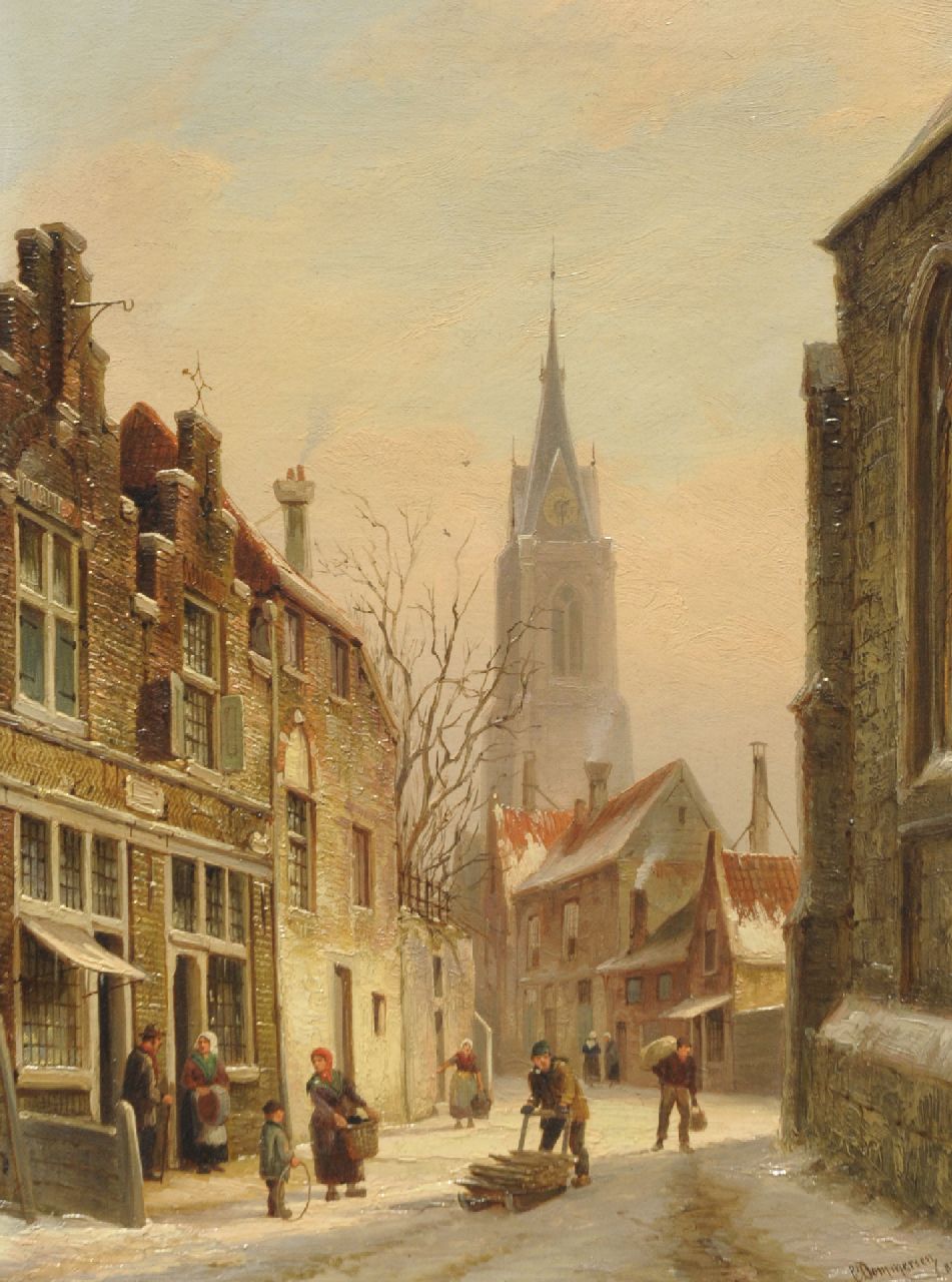 Dommelshuizen C.C.  | Cornelis Christiaan Dommelshuizen, A town view in winter, oil on canvas 38.1 x 28.1 cm, signed l.r. 'C. Dommersen' and dated '82