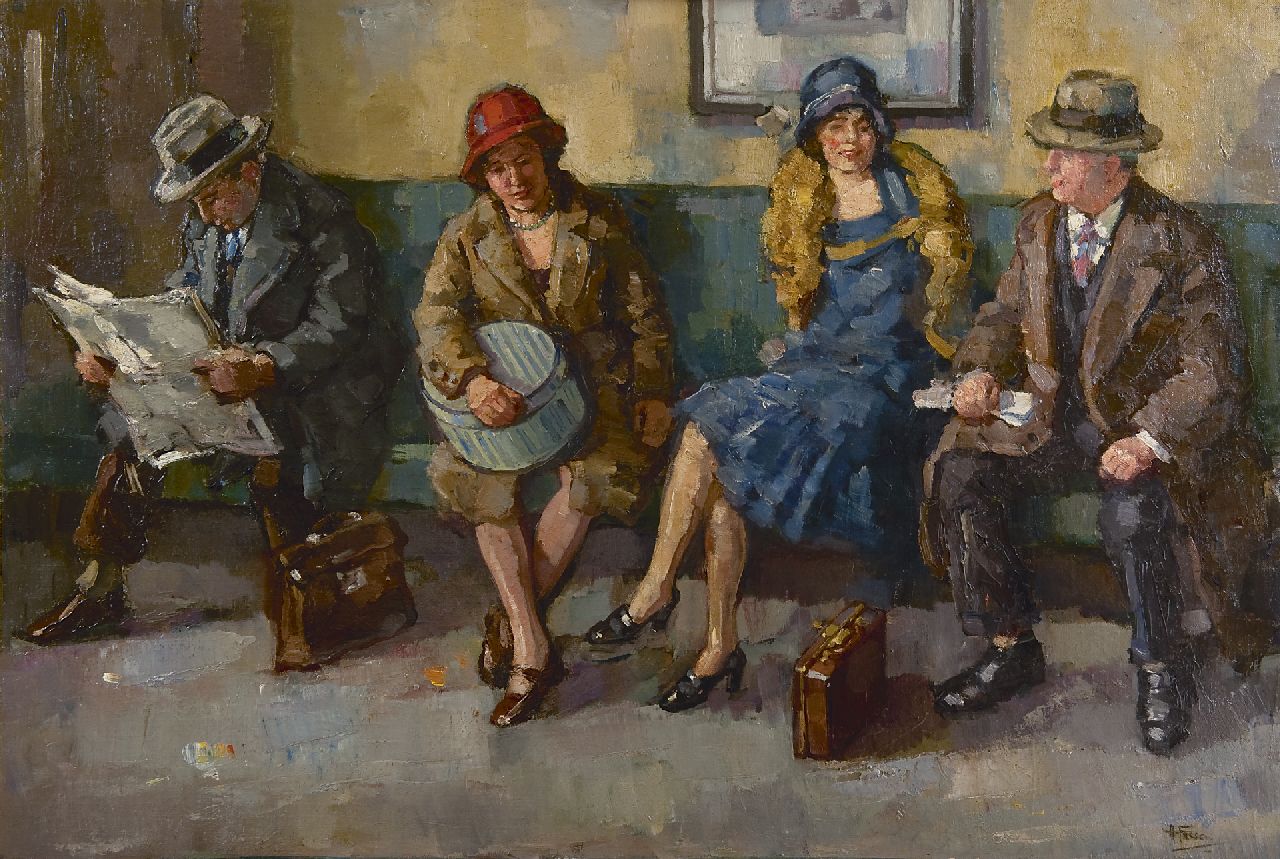 Fresco A.  | Abraham Fresco, Travellers in a station, oil on canvas laid down on panel 60.9 x 90.0 cm, signed l.r.