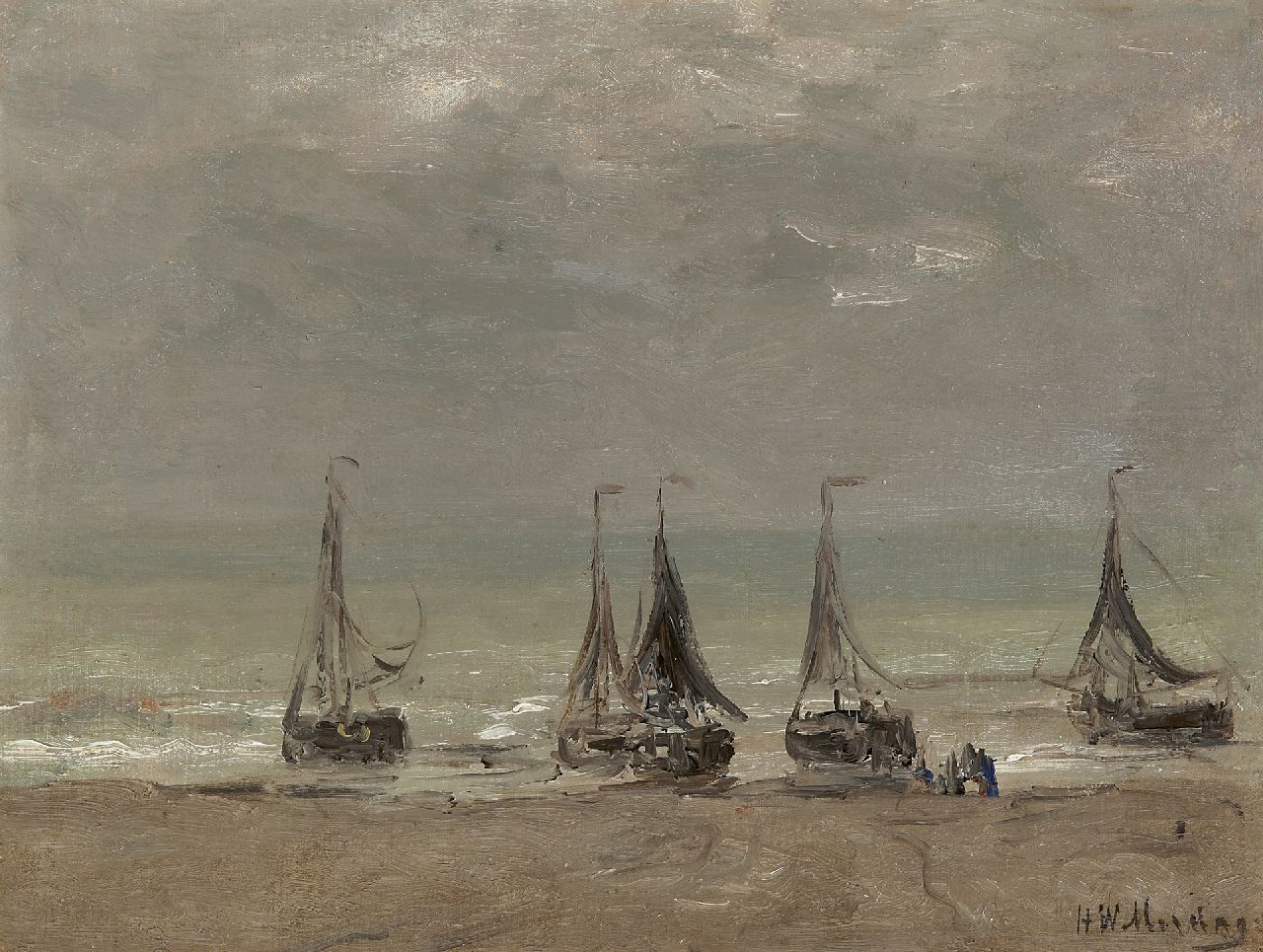 Mesdag H.W.  | Hendrik Willem Mesdag, Five fishing boats on the beach, oil on canvas laid down on panel 30.4 x 40.4 cm, signed l.r.