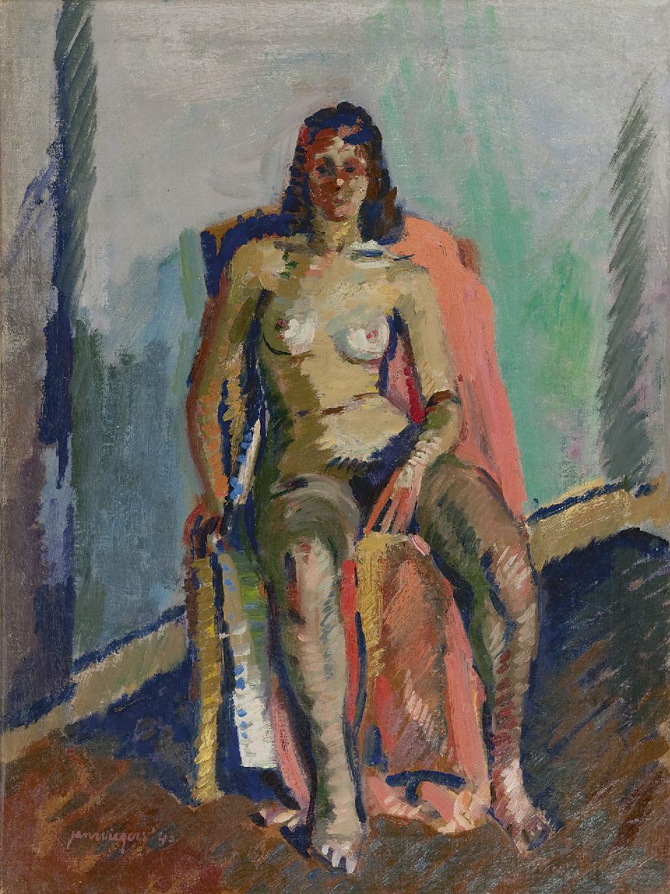 Wiegers J.  | Jan Wiegers, Sitting nude, oil on canvas 60.3 x 45.0 cm, signed l.l. and dated '43