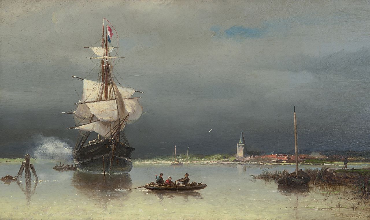 Riegen N.  | Nicolaas Riegen, Ships near a harbour, oil on panel 22.0 x 36.9 cm, signed l.r.