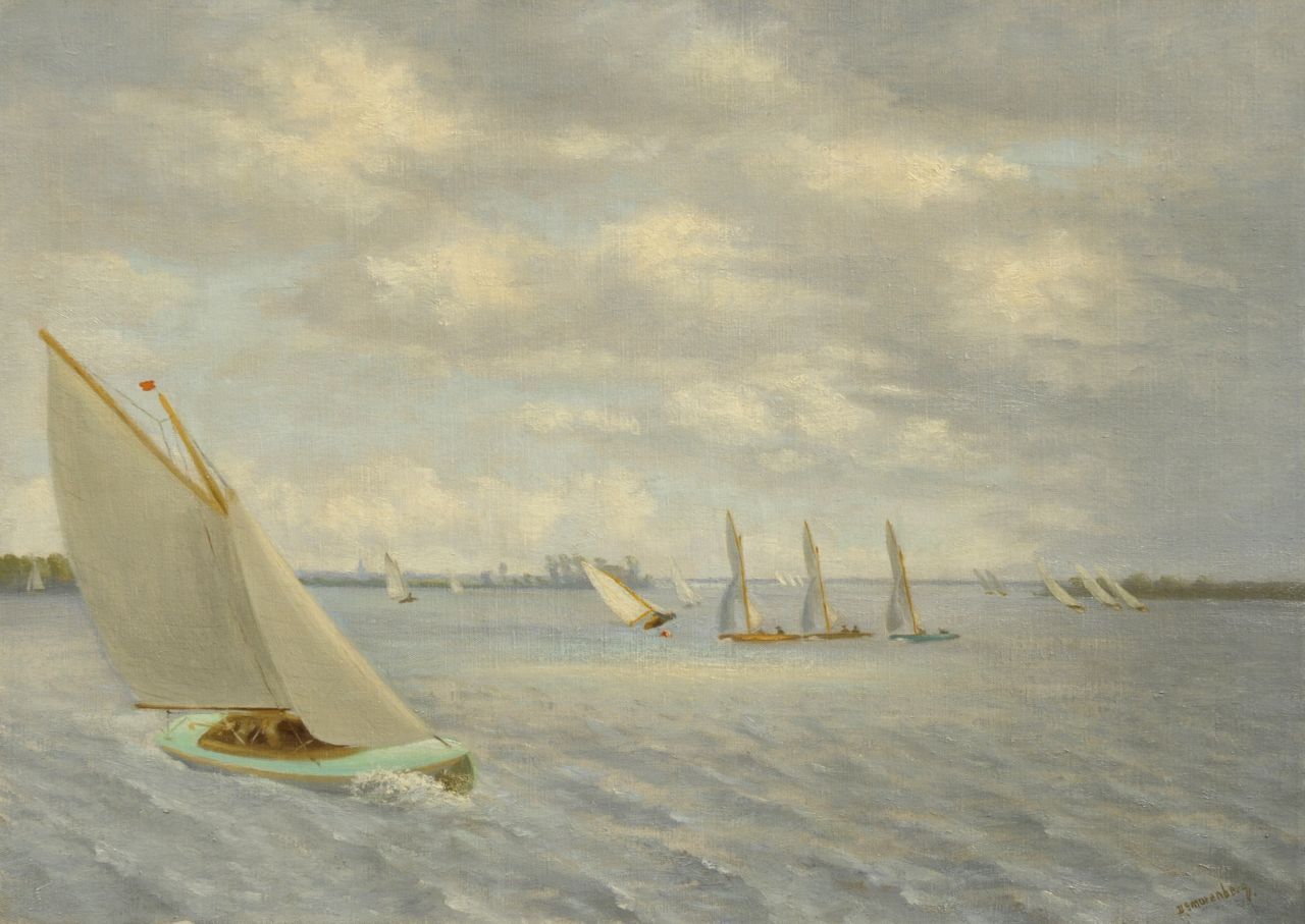 Smorenberg D.  | Dirk Smorenberg, Sailing boats on the Loosdrechtse Plassen, oil on canvas 50.5 x 70.5 cm, signed l.r.