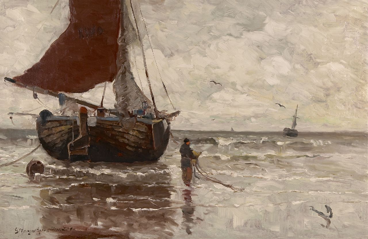 Munthe G.A.L.  | Gerhard Arij Ludwig 'Morgenstjerne' Munthe | Paintings offered for sale | Moored fishing boat, oil on canvas 62.9 x 96.4 cm, signed l.l.