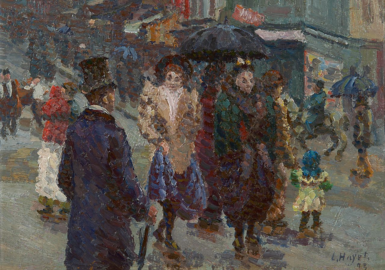 Hayet L.  | Louis Hayet, Strolling in the rain, oil on painter's board 19.5 x 27.6 cm, signed l.r. and dated '93