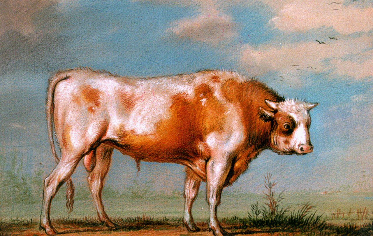 Verboeckhoven E.J.  | Eugène Joseph Verboeckhoven, Red-and-white bull, pastel on paper 12.5 x 16.6 cm, signed l.l. with monogram and dated 1817