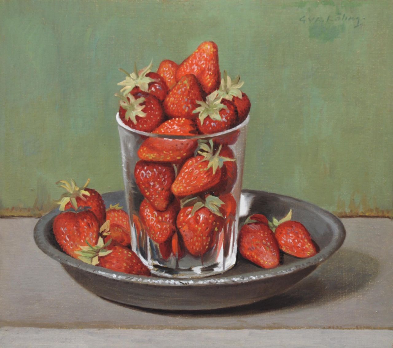 Röling G.V.A.  | Gerard Victor Alphons 'Gé' Röling, Strawberries in a glass on a pewter plate, oil on board 24.7 x 27.5 cm, signed u.r.