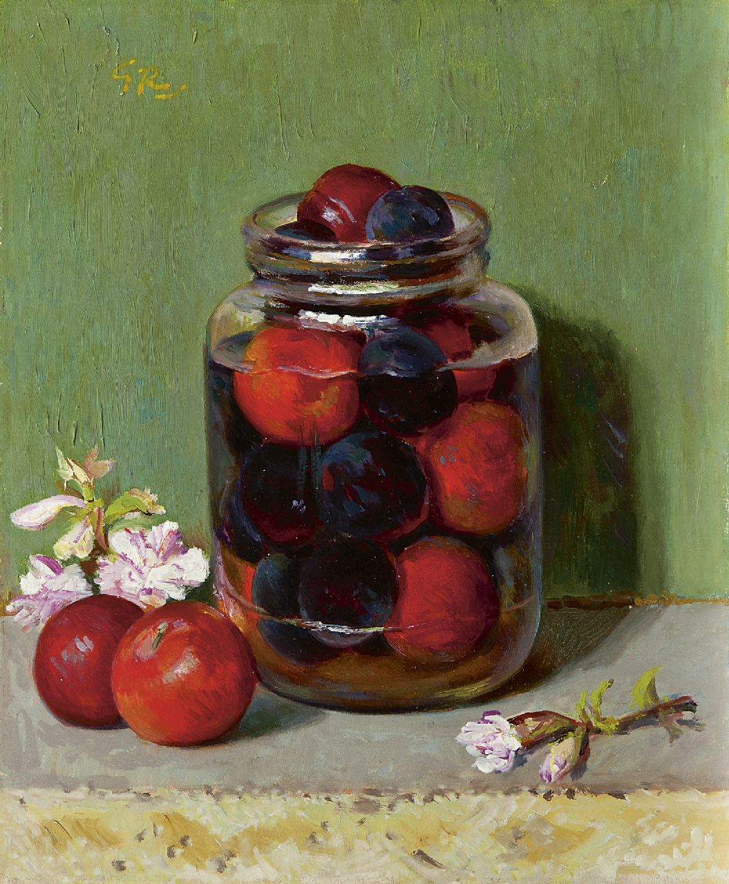 Röling G.V.A.  | Gerard Victor Alphons 'Gé' Röling, Plums in a pot, oil on board 30.1 x 25.0 cm, signed u.l. with initials and in full on the reverse