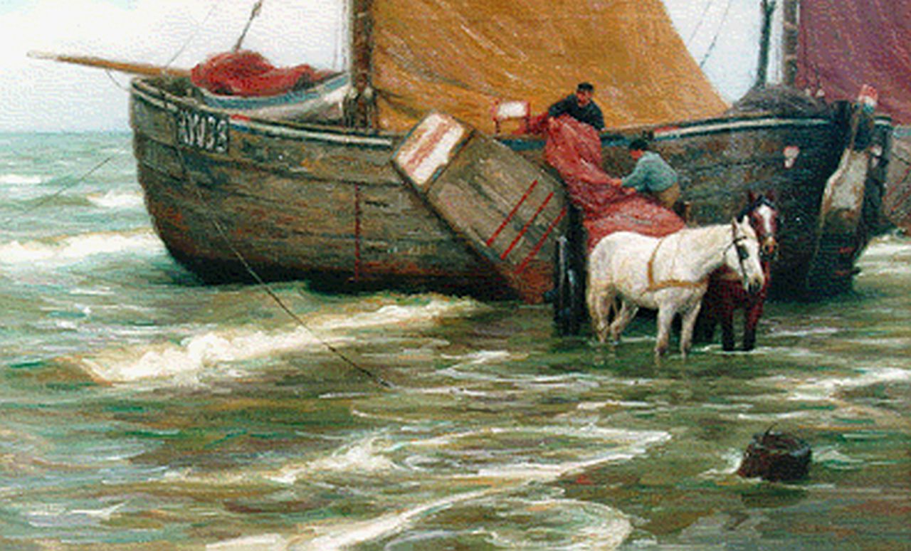 Farasijn E.  | Edgard Farasijn, 'Katwijkse bomschuit', oil on canvas 87.5 x 135.5 cm, signed l.r.