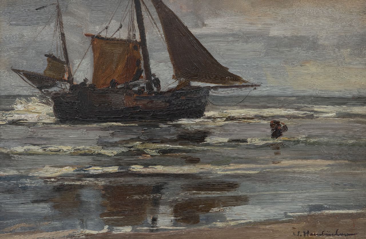 Hambüchen W.  | Wilhelm Hambüchen | Paintings offered for sale | Bringing in the catch, Katwijk, oil on panel 27.9 x 42.2 cm, signed l.r.