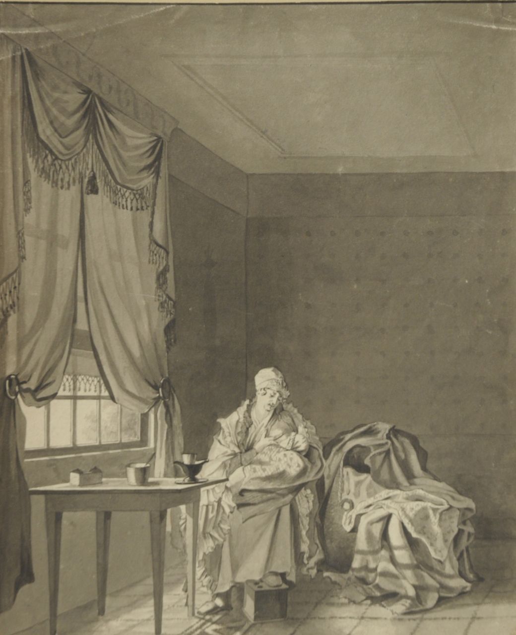Abraham Krayestein | Interior with woman and child, pen, brush and ink on paper, 34.4 x 28.2 cm, signed u.c. on layout sheet and dated 1829