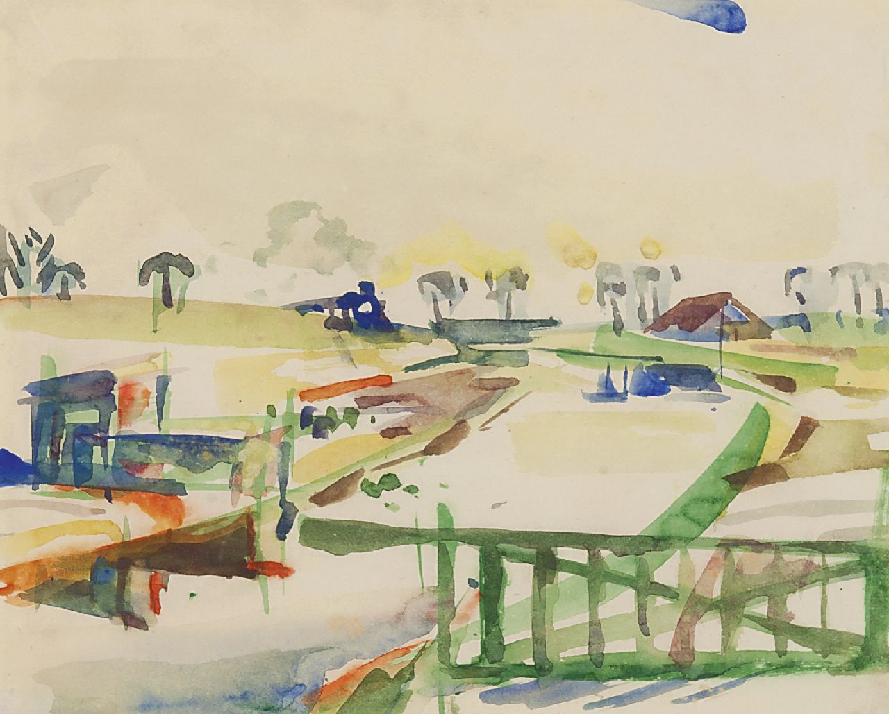 Jordens J.G.  | 'Jan' Gerrit Jordens, Landscape with a farm, watercolour on paper 22.5 x 28.0 cm, signed u.r. and dated 16-3-'53