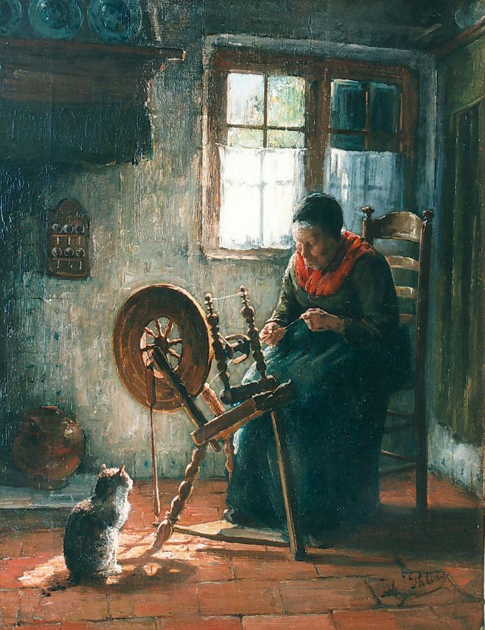 Paling J.J.  | Johannes Jacobus Paling, A farmer's wife spinning, oil on canvas 52.0 x 40.0 cm, signed l.r.