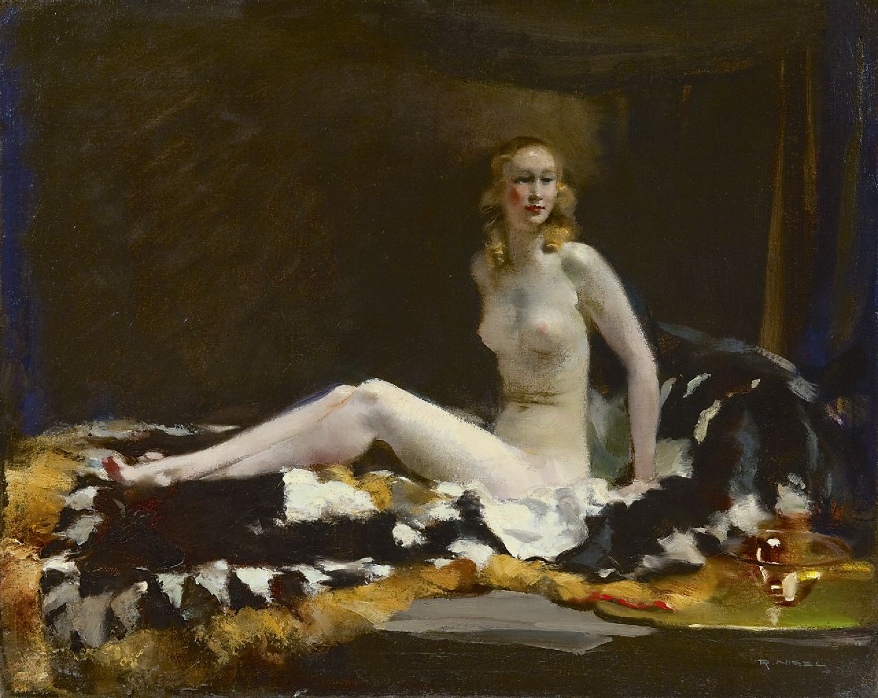Nissl R.  | Rudolf Nissl, A female nude, oil on canvas 57.3 x 72.2 cm, signed l.r.