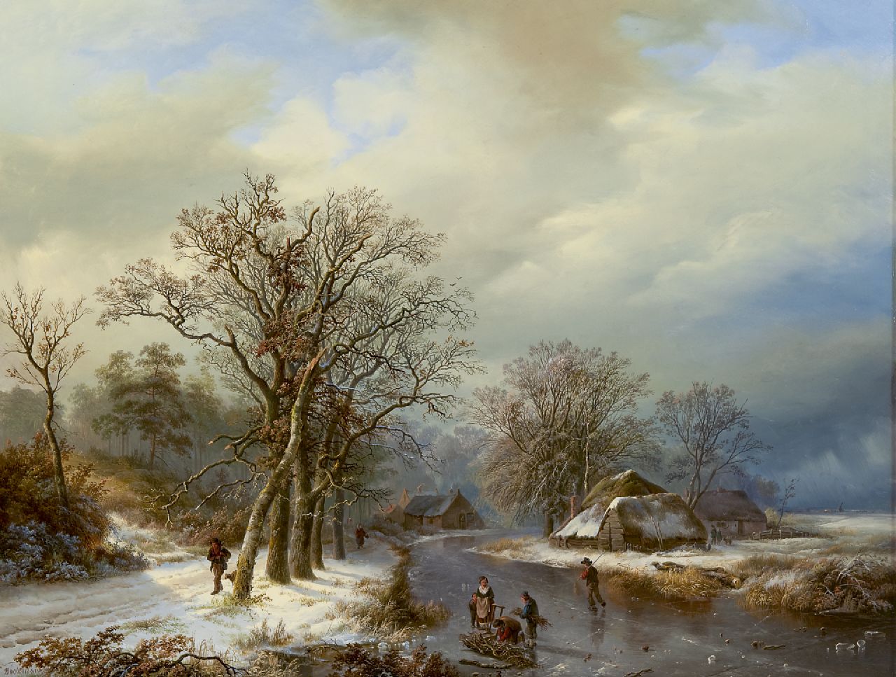 Bodeman W.  | Willem Bodeman, A winter landscape with skaters and farmers gathering wood, oil on panel 58.0 x 75.4 cm, signed l.l.