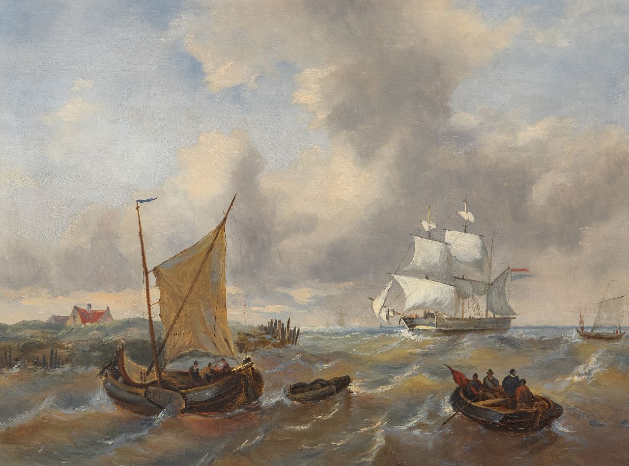 George Willem Opdenhoff (toegeschreven aan) | Sailing vessels off the coast in rough weather, oil on panel, 23.7 x 32.0 cm