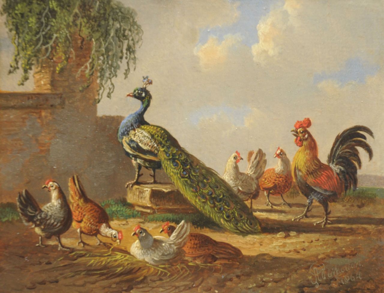 Verhoesen A.  | Albertus Verhoesen, Peacock among hens, oil on panel 10.9 x 14.0 cm, signed l.r. and dated 1864