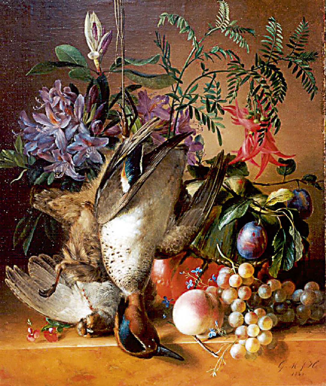 Huidekoper G.M.J.  | Geertruida Margaretha Jacoba Huidekoper, A still life with flowers, fruits and dead game, oil on canvas laid down on panel 54.2 x 46.3 cm, signed l.r. with initials and dated 1844