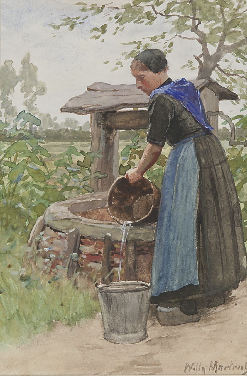 Martens W.  | Willem 'Willy' Martens, At the well, watercolour on paper 22.0 x 14.7 cm, gesigneerd rechtsonder