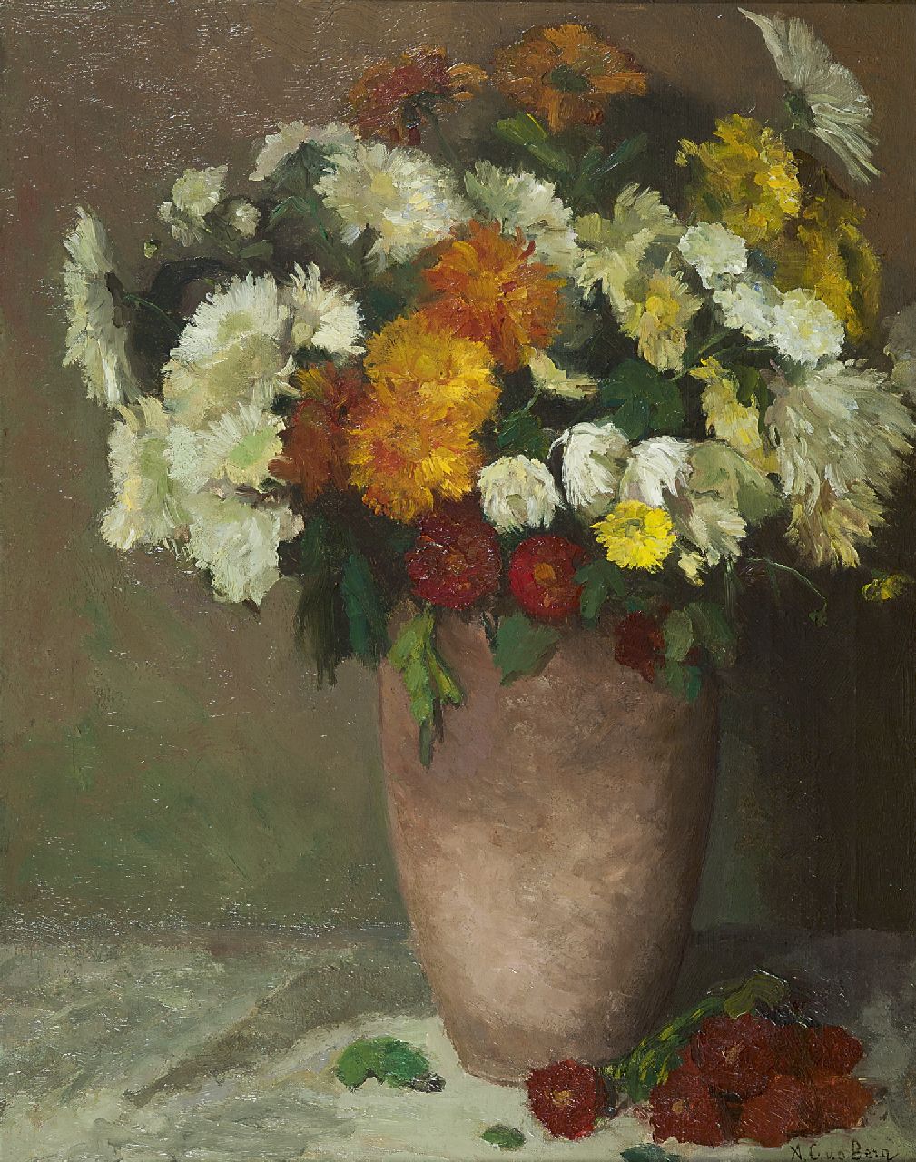 Berg A.C. van den | Anna Carolina 'Ans' van den Berg, Chrysanthemums, oil on canvas 60.7 x 47.3 cm, signed l.r.