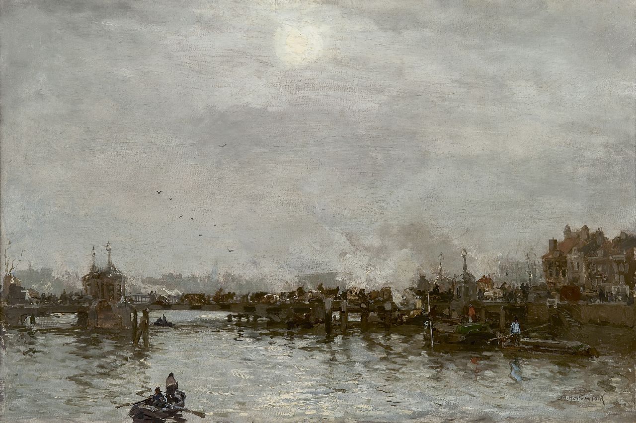 Mastenbroek J.H. van | Johan Hendrik van Mastenbroek, A view of the Vierleeuwenbrug, Rotterdam, oil on canvas 41.2 x 60.8 cm, signed l.r.