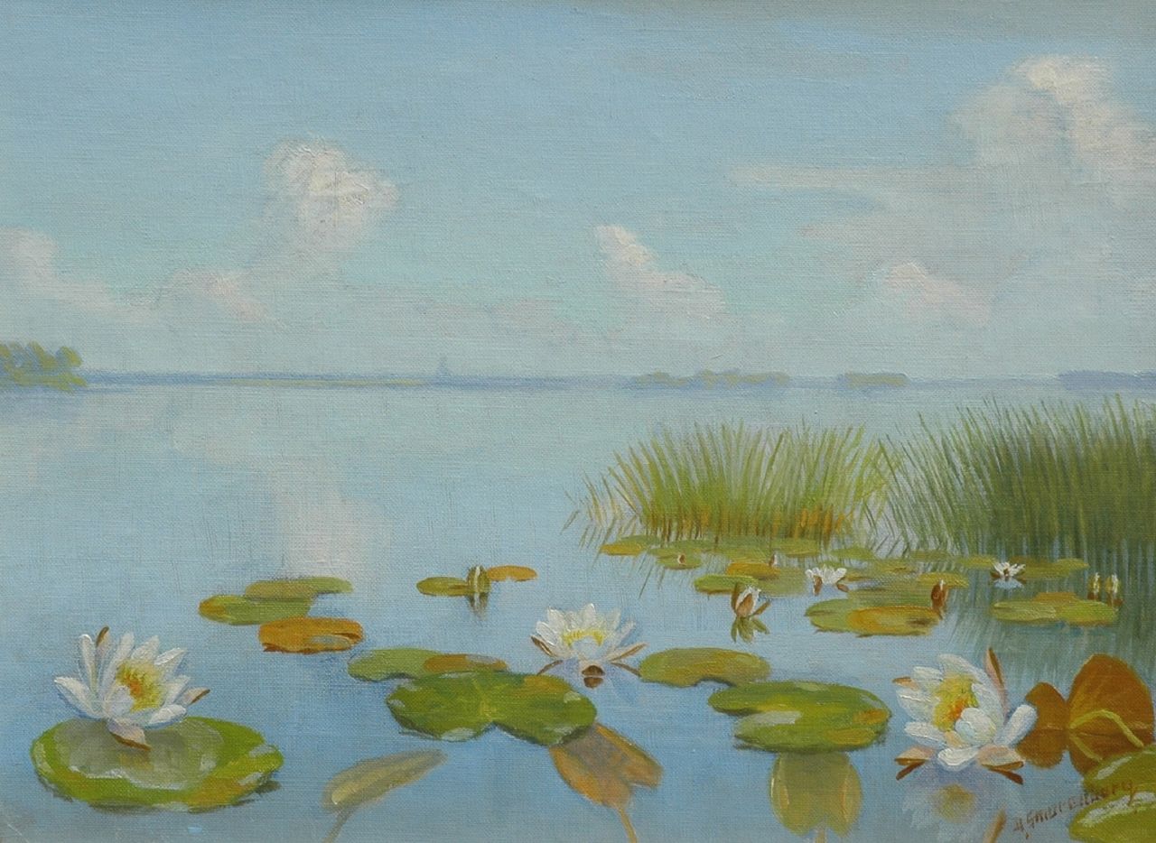 Smorenberg D.  | Dirk Smorenberg, Water lilies in the Loosdrechtse Plassen, oil on canvas 24.8 x 32.8 cm, signed l.r.