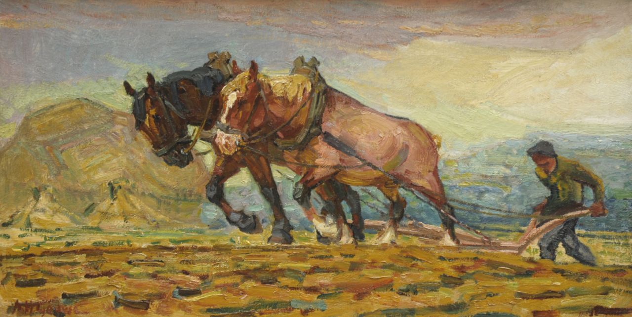 Gouwe A.H.  | Adriaan Herman Gouwe, Plowing farmer with two horses, oil on canvas 36.8 x 70.3 cm, signed l.l.