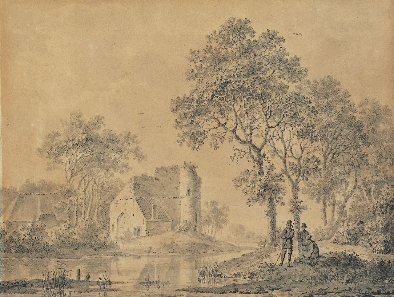 Koekkoek B.C.  | Barend Cornelis Koekkoek, Figures in a landscape, a ruin beyond, washed pen on paper 13.7 x 17.7 cm, signed l.l.