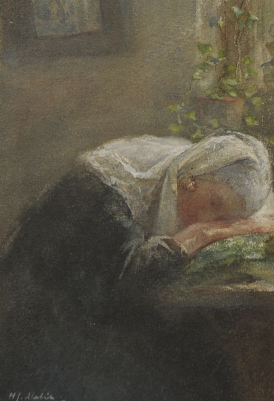 Mélis H.J.  | Henricus Joannes Mélis, The afternoon nap, watercolour on paper 17.5 x 12.3 cm, signed l.l.