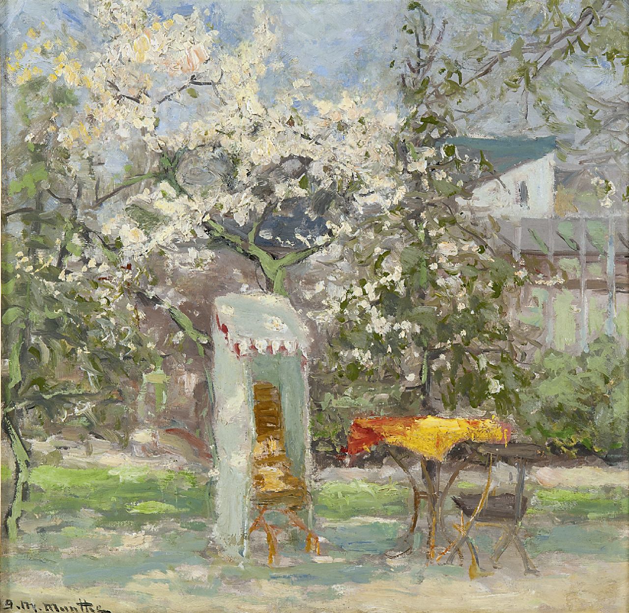 Munthe G.A.L.  | Gerhard Arij Ludwig 'Morgenstjerne' Munthe, Garden with patio under blossoming tree, oil on canvas laid down on board 31.0 x 32.0 cm, signed l.l.