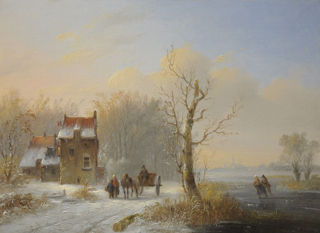 Stok J. van der | Jacobus van der Stok, Winter scene with skaters and horse cart, oil on panel 19.6 x 26.4 cm, signed l.r.